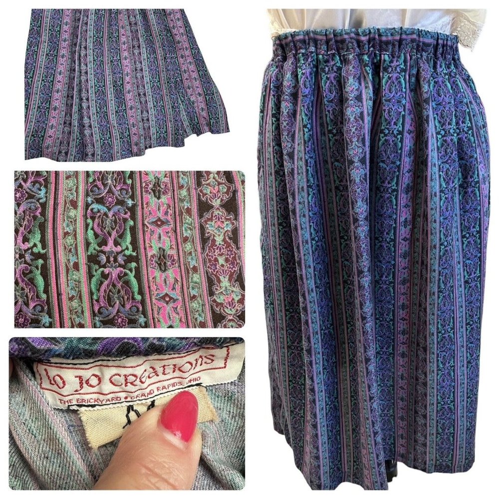 Vintage 80’s Lo Jo Creations Purple,teal,black Cotton Midi Skirt Size M, Pockets